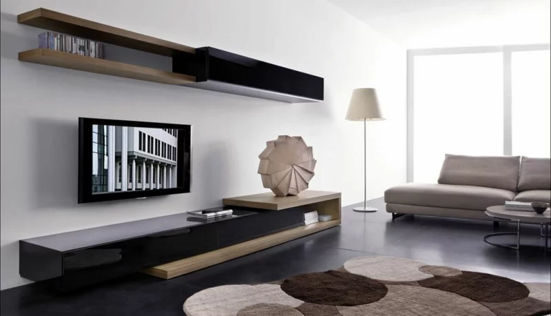 TV Wohnwand Holz Hochglanz schwarz Wohnzimmermöbel Sofa Teppich