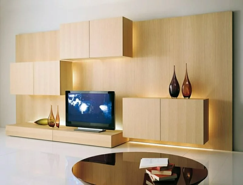TV Wohnwand Holz indirekte Beleuchtung Wohnzimmermöbel Couchtisch