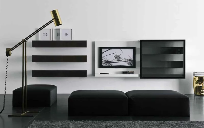 TV Wohnwand schwarz weiß Wohnzimmermöbel Sessel Hocker