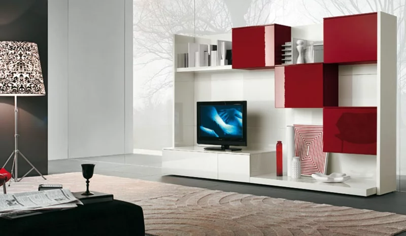 Wohnwand modern weiß rot Regale praktische TV Wände