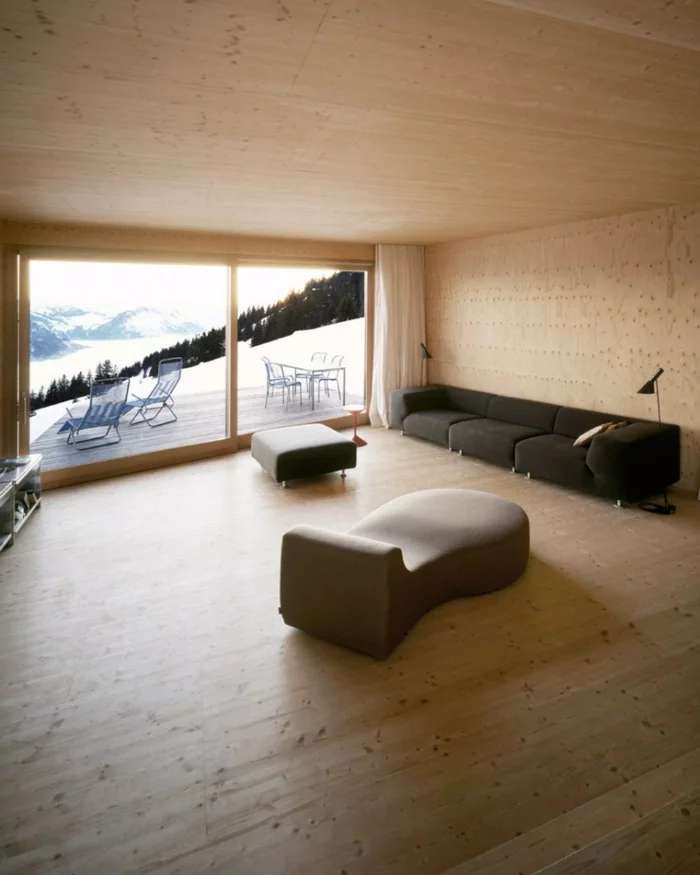 außergewöhnliche ferienhäuser bergen alpen schweiz helles holz minimalistisches innendesign