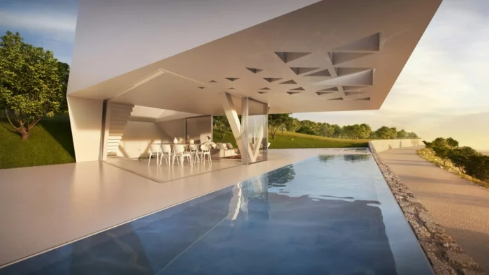 außergewöhnliche ferienhäuser moderne architektur futuristisch beton außenpool