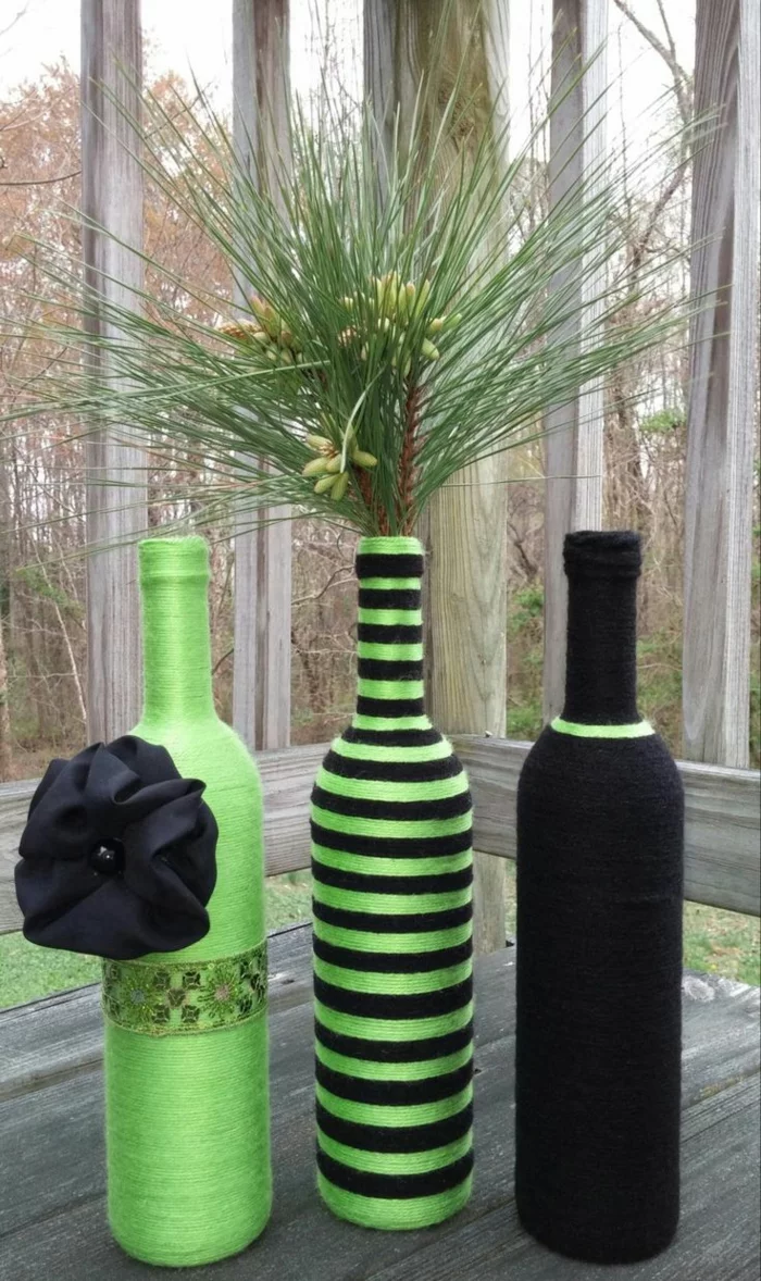 Deko Flaschen mit Wollfaden in Grün und Schwarz