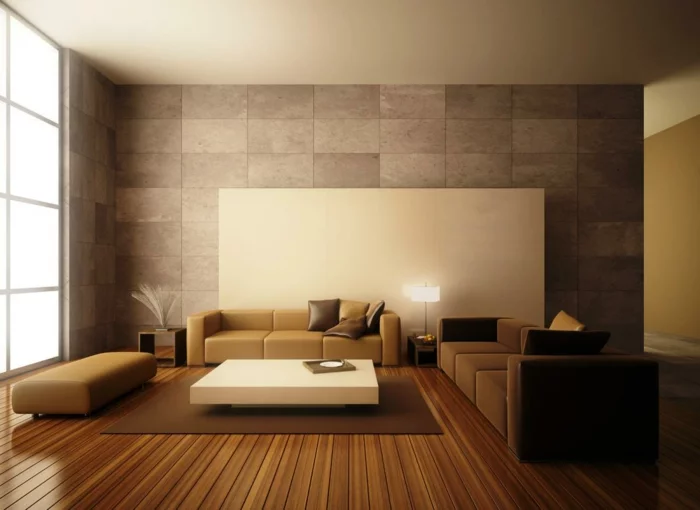 Wohnzimmer in Braun mit Boden in Holzoptik und Wandfliesen