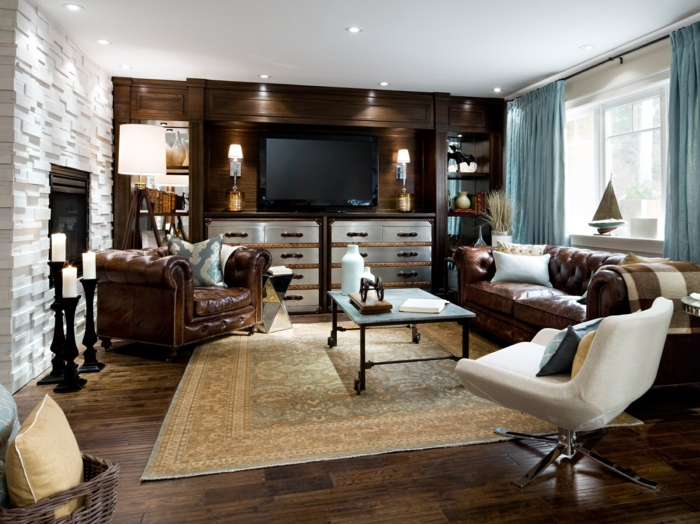 einrichtungsideen wohnzimmer einrichten braune ledermöbel beiger teppich einbauleuchten