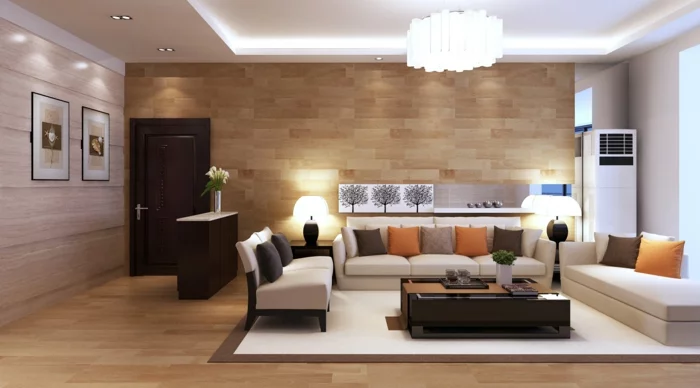 Wohnzimmer in Braun mit Wänden in schöner Holzoptik