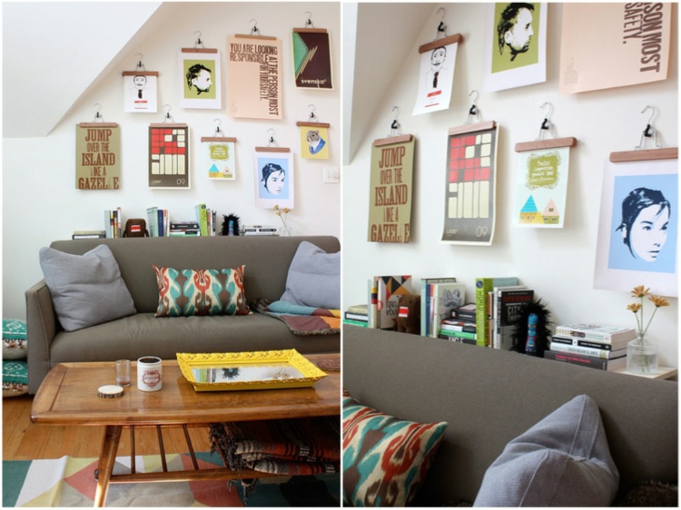 kreative Wandgestaltung Wohnzimmer Ideen Kleiderbügel Klammern