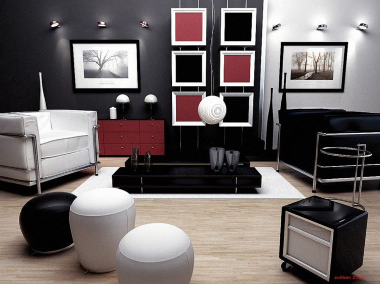 kreative Wandgestaltung mit Farbe Wohnzimmer Ideen Schwarz Weiß Rot