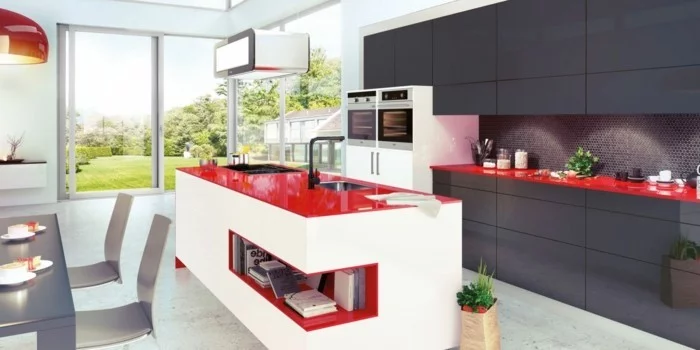 küchenmöbel moderne küchenschränke ausgefallene kücheninsel weiß rot