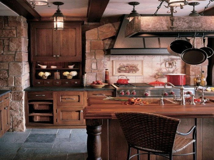küchenmöbel rustikale küchenschränke steine bodenbelag