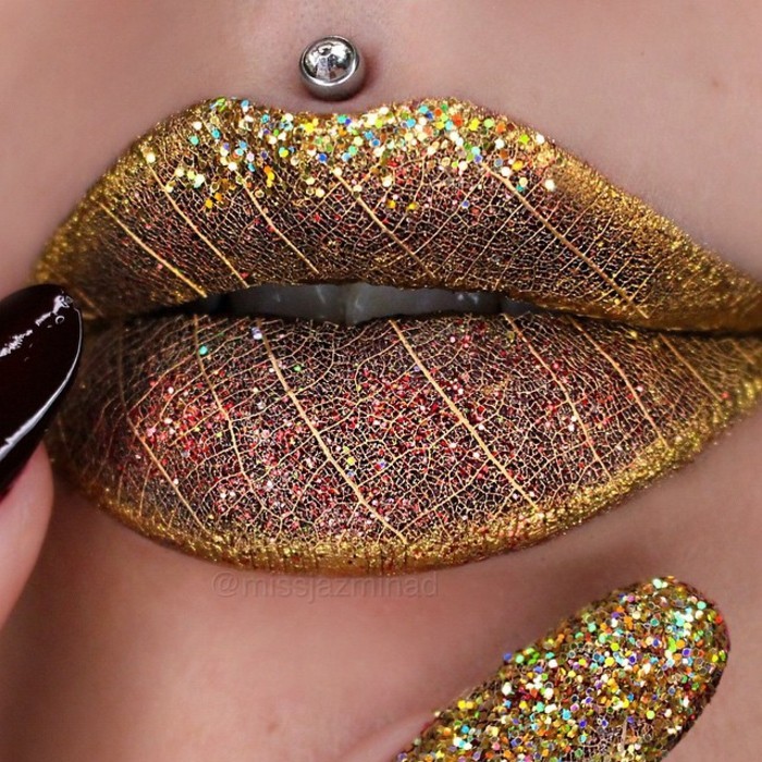 lippen schminken golden leaf herbstblatt gold make up ideen nageldesign