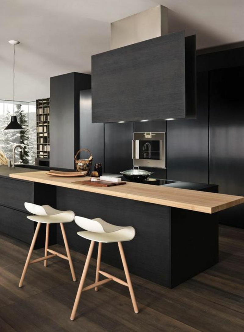 moderne Küche schwarz Kücheninsel Holz Arbeitsplatte
