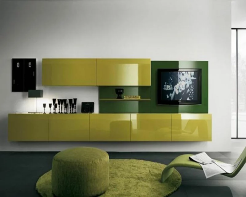 moderne Wohnwand Hochglanz grün praktische TV Wände