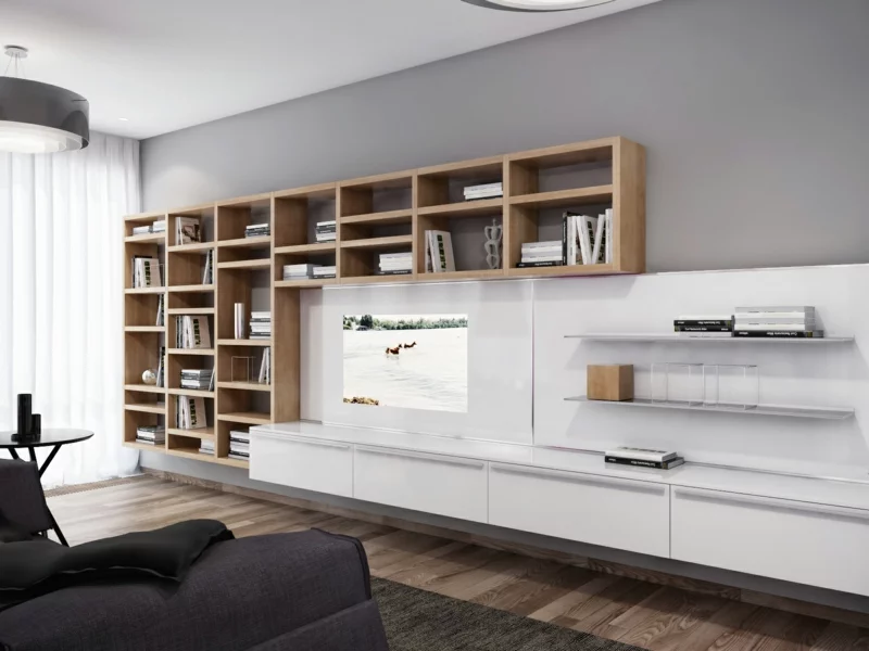 moderne Wohnwand Holz Bücherregale Hochglanz weiß praktische TV Wände
