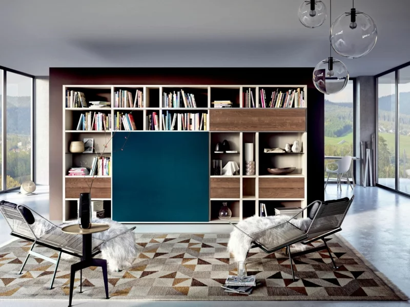 moderne Wohnwand Holz Bücherregale praktische TV Wände