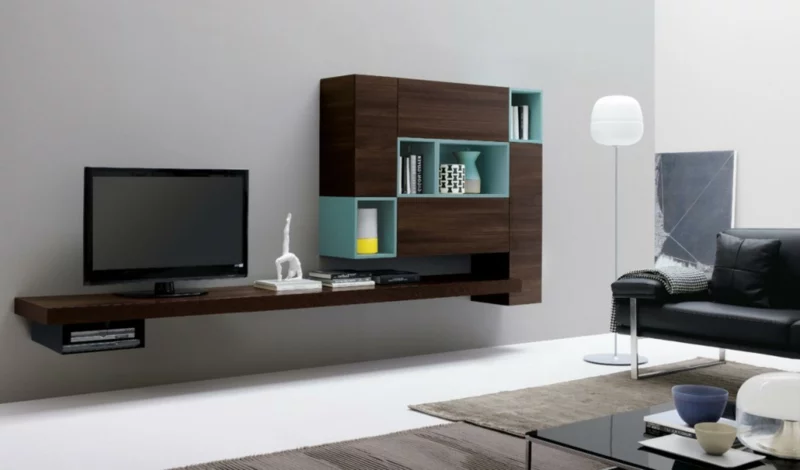 moderne Wohnwand Ideen schicke Farbakzente praktische TV Wände