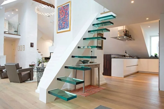 moderne treppen gläsern minimalistisch offener wohnplan