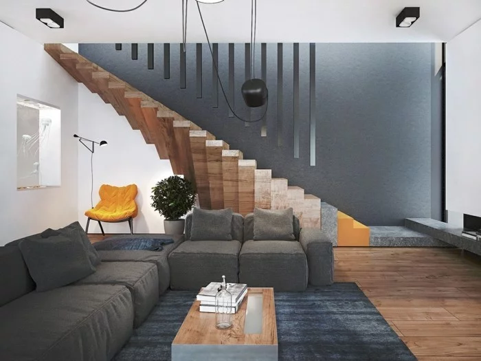 moderne treppen holz grauer teppich wohnzimmer