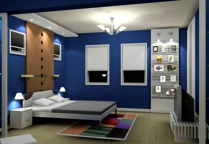schlafzimmer blau einbauleuchten farbiger teppich