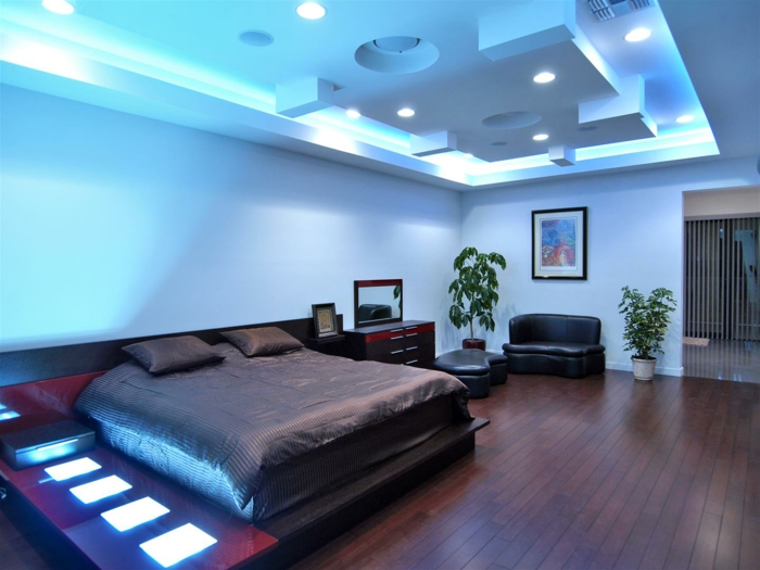 schlafzimmer blau moderne beleuchtung pflanzen
