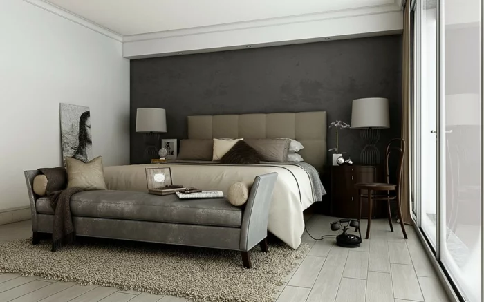 schlafzimmer grau beiger teppich schlafzimmerbank graue akzentwand