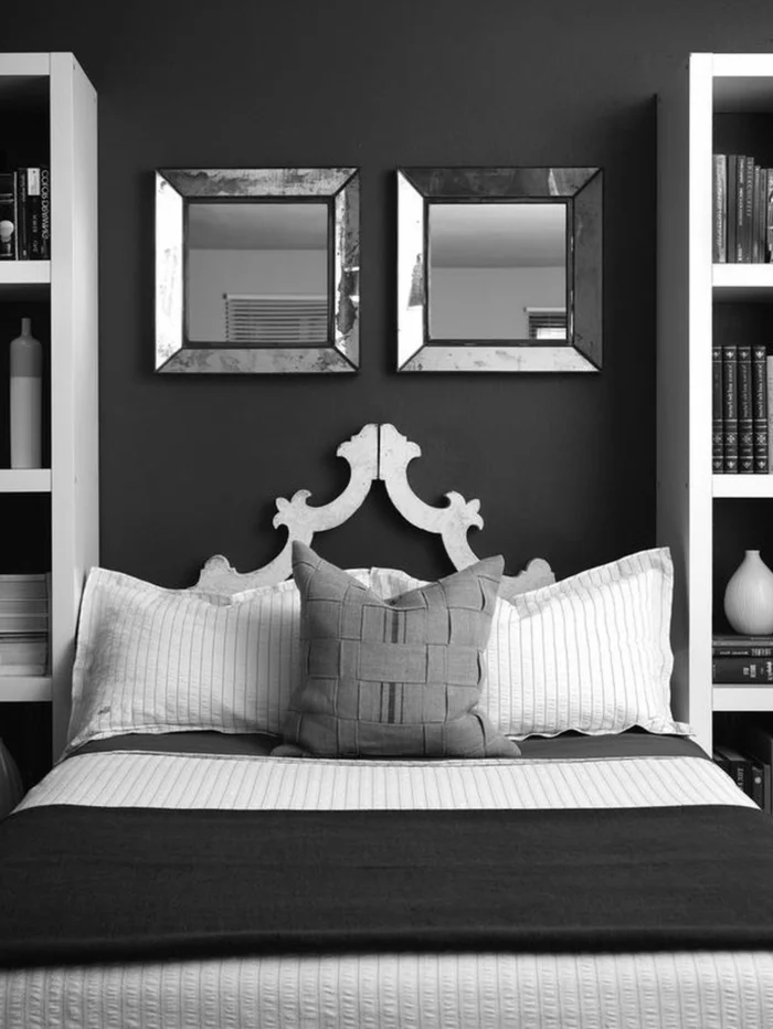 schlafzimmer grau dunkelgrau helle akzente wandspiegel