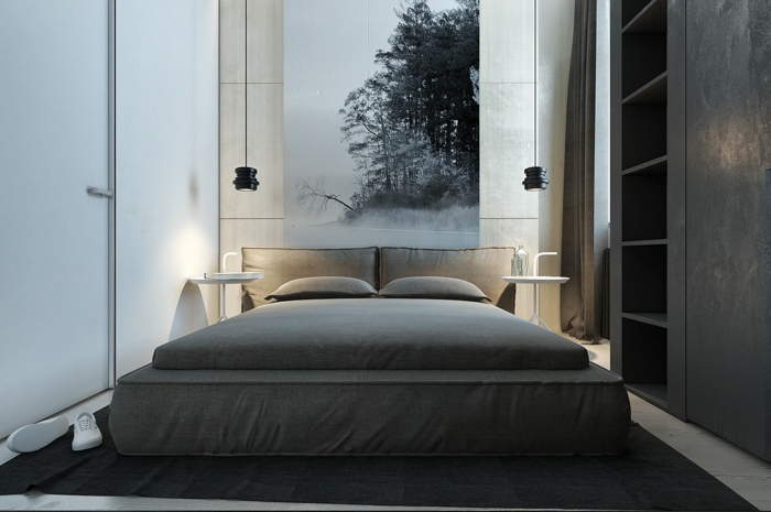 schlafzimmer grau dunkler teppich elegantes bett hängeleuchten