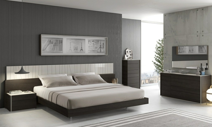 schlafzimmer grau eleganter teppich coole hängeleuchte