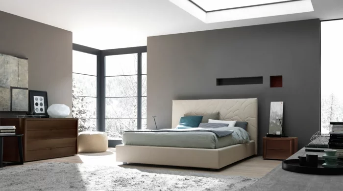 schlafzimmer grau graue wände kommode creme bett