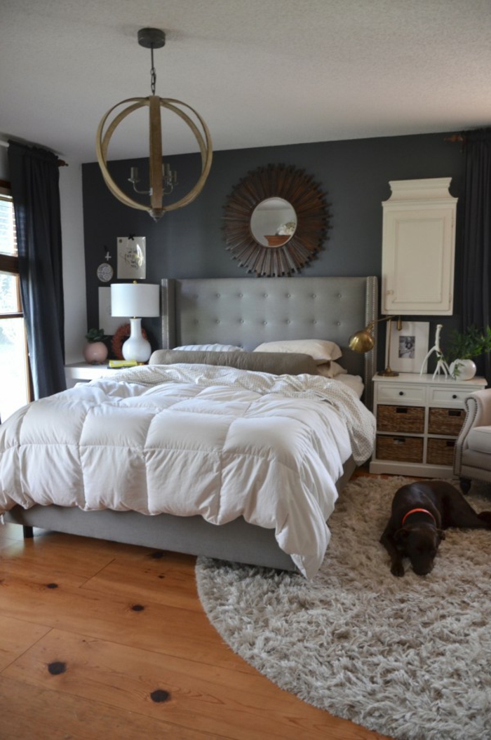 schlafzimmer grau graue wände weiße zimmerdecke runder teppich