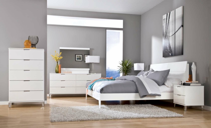 schlafzimmer grau hellgraue wände teppich weiße möbel