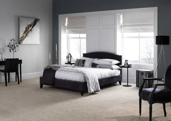 schlafzimmer grau stilvoll teppichboden schminktisch