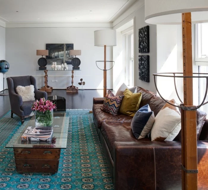 schönes wohnzimmer cooles teppichmuster vintage