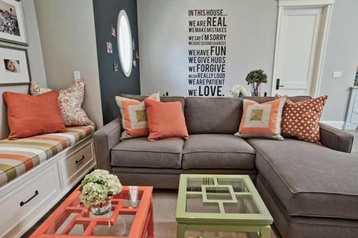 schönes wohnzimmer grün orange grau