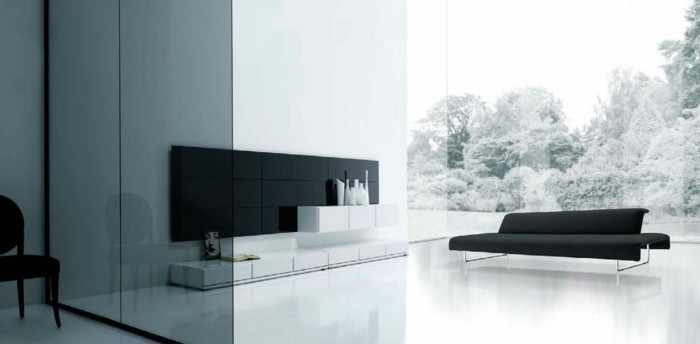 schönes wohnzimmer heller bodenbelag schwarze möbel glas akzente