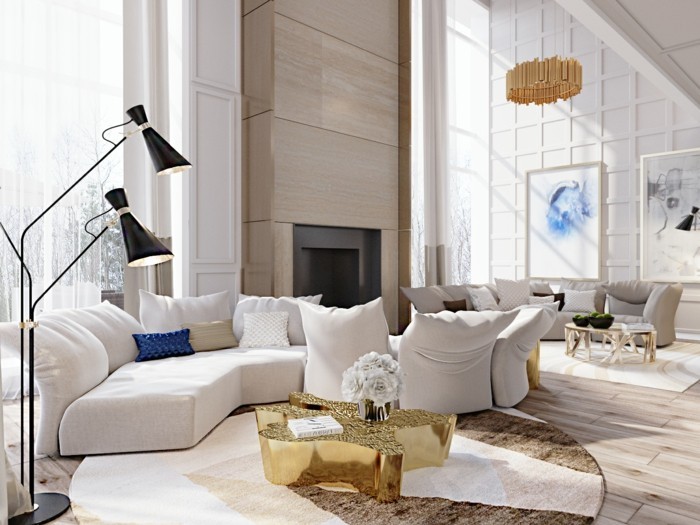 schönes wohnzimmer modern weiße möbel runder teppich cooler couchtisch