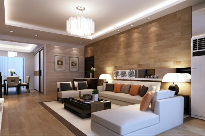schönes wohnzimmer weißes ecksofa abgehängte decke moderne beleuchtung