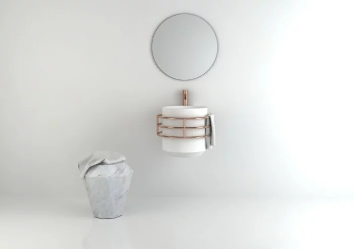 waschbecken design rund marmor kupfer wandspiegel