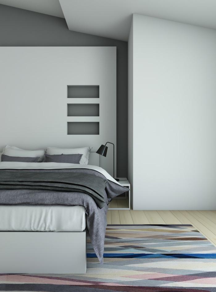wohnideen schlafzimmer farbiger teppich graue wand