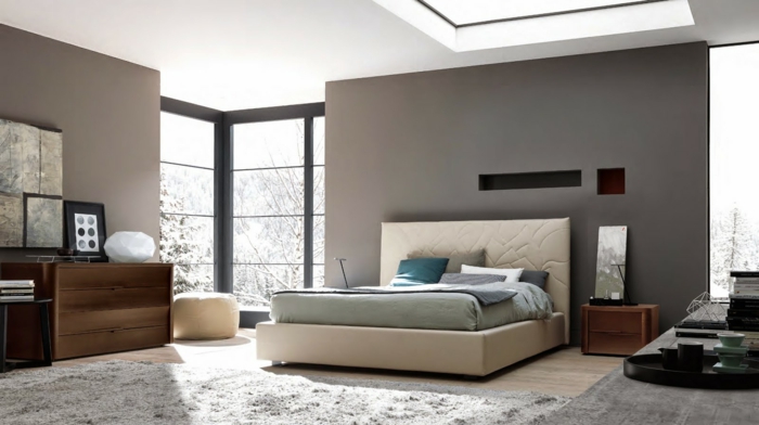 wohnideen schlafzimmer modernes design graue wände teppich kommode