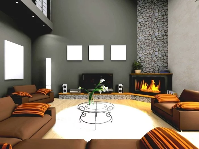 modernes Wohnzimmer mit braunen Möbeln, grauen Wänden und weißem rundem Teppich