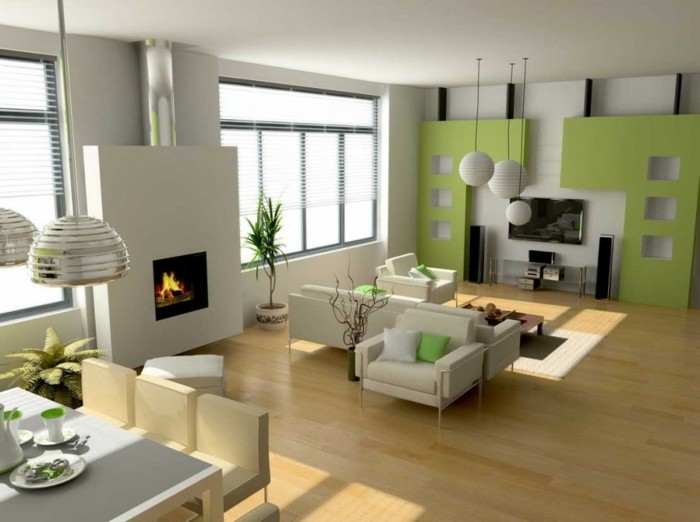 wohnideen wohnzimmer grüne dekokissen weiße möbel offener wohnplan