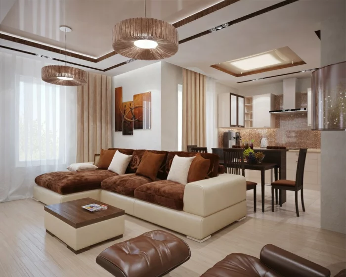 modernes Wohnzimmer mit Möbeln in Braun und Beige und hellem Boden