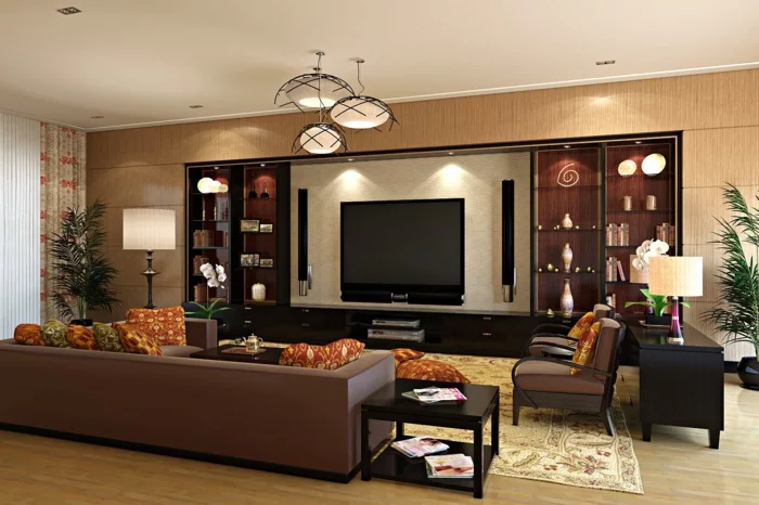 modernes Wohnzimmer in Braun mit Wohnwand und hellem Teppich