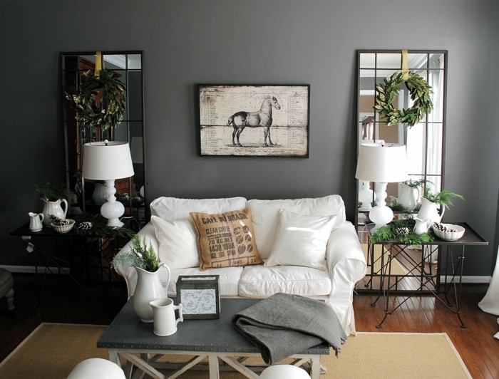 wohnideen wohnzimmer wände grau sisalteppich spiegel pflanzen