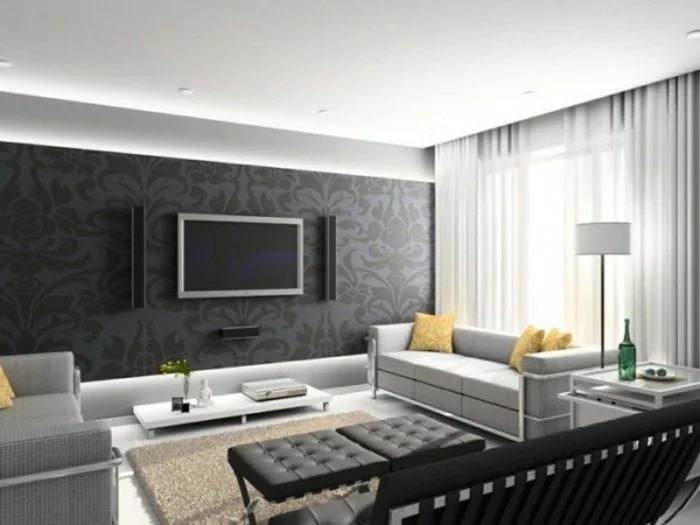 graues Wohnzimmer gestalten mit Wandtapete und beigem Teppich