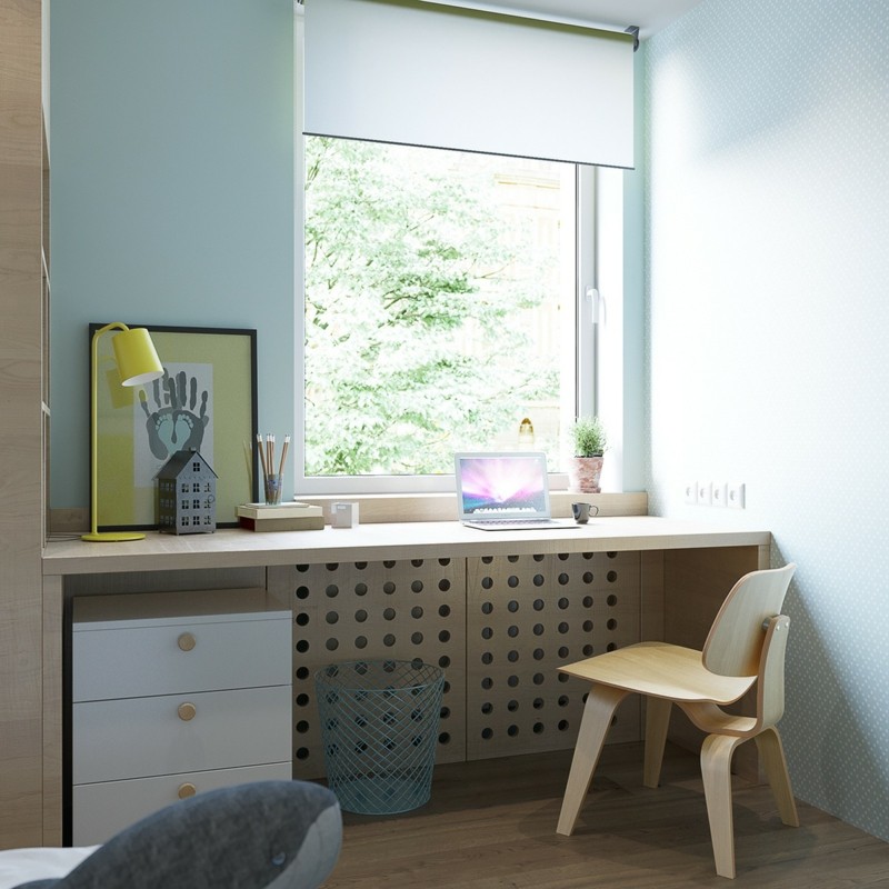 Kinderzimmer skandinavisch einrichten Kinderzimmermöbel Schreibtisch am Fenster
