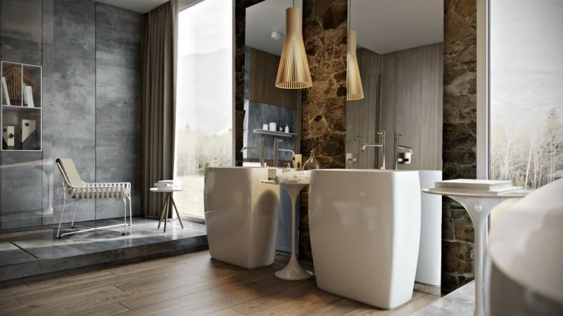 Luxus Badezimmer Einrichtung rustikaler Stil Holz beton Wände
