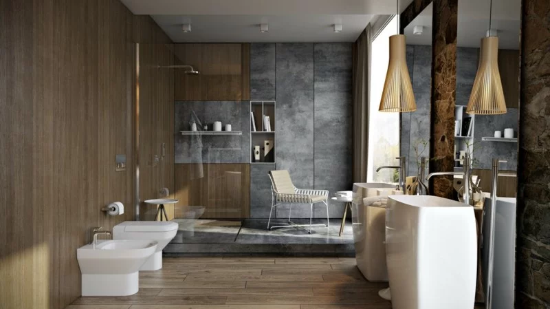 Luxus Badezimmer Holzboden moderne Badeinrichtung Betonwand Dusche