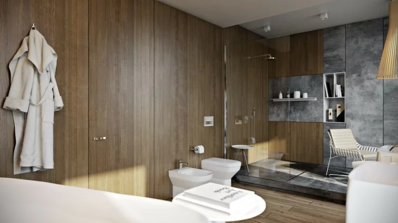 Luxus Badezimmer rustikaler Stil Holz beton Wände
